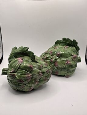 Vietri Italy Ceramic ARTICHOKE 5 ¼” Covered Bowl Dishes SET OF 2